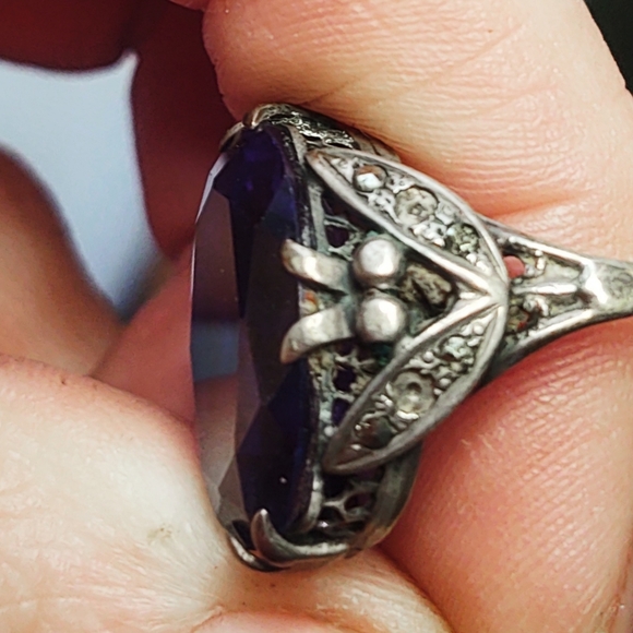 Antique Victorian Sapphire Blue Oversized Sterling Silver Cocktail Ring- Size 9 - Picture 8 of 8